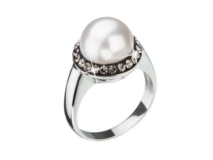 Stříbrný prsten s šedými krystaly Swarovski a bílou perlou 35021.3 (Velikost 52 (ø16,6 mm))