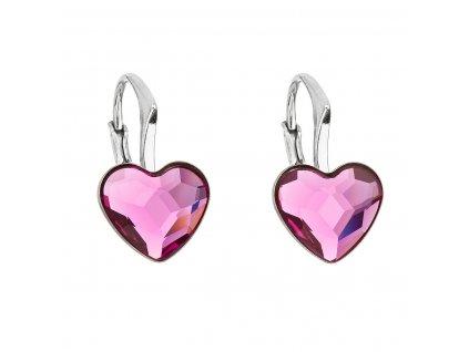 Stříbrné náušnice visací s krystaly Swarovski růžové srdce 31240.3 fuchsia