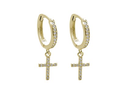 9735 pozlacene stribrne nausnice kreole s kubickymi zirkony a s priveskem krizku stribro 925 1000