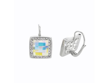 10935 stribrne nausnice klapky s brousenym ctvercem a s krystaly swarovski ab po obvodu stribro 925 1000
