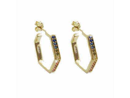 11016 pozlacene stribrne nausnice hranate kreole s barevnymi kubickymi zirkony multi stribro 925 1000