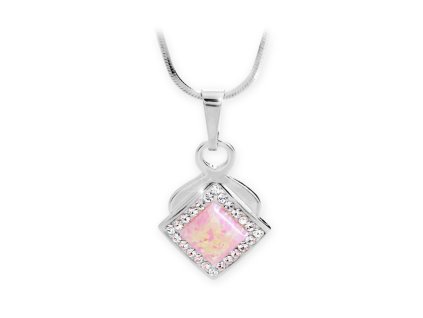 12096 stribrny okrasny nahrdelnik s ruzovym ctvercovym opalem a krystaly swarovski crystal stribro 925 1000