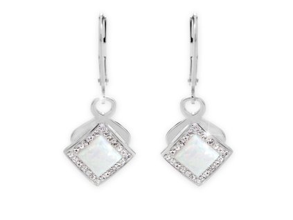 12102 stribrne okrasne nausnice klapky s bilym ctvercovym opalem a krystaly swarovski crystal stribro 925 1000