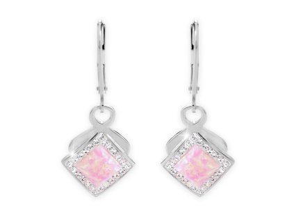 12105 stribrne okrasne nausnice klapky s ruzovym ctvercovym opalem a krystaly swarovski crystal stribro 925 1000