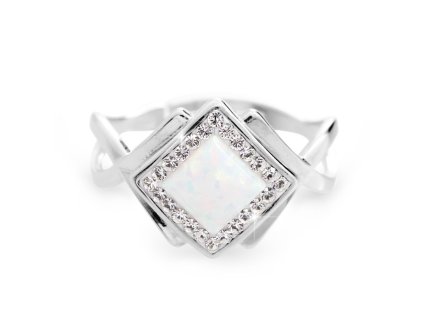 12111 stribrny okrasny prsten s bilym ctvercovym opalem a krystaly swarovski crystal stribro 925 1000