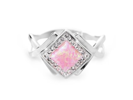12114 stribrny okrasny prsten s ruzovym ctvercovym opalem a krystaly swarovski crystal stribro 925 1000