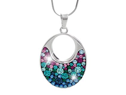 14628 stribrny nahrdelnik s priveskem ovalu s dirou a krystaly swarovski pavi velky stribro 925 1000