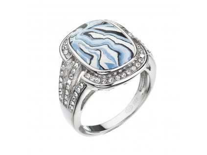 Stříbrný prsten obdélník modrobílý mramor se Swarovski krystaly 75015.1