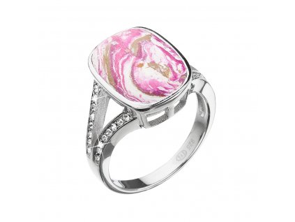 Stříbrný prsten obdélník růžovobílý mramor s krystaly 75014.1