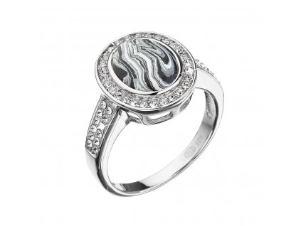 Stříbrný prsten ovál černobílý mramor se Swarovski krystaly 75018.1