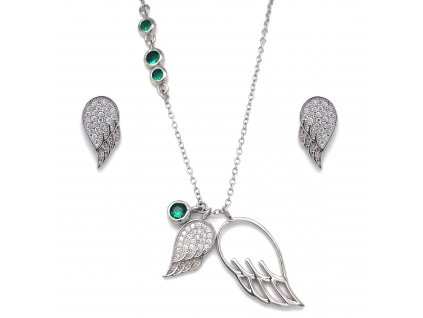 Sada šperků se zirkony náušnice a přívěsek bílá křídla a zelené krystaly 19001.3 emerald