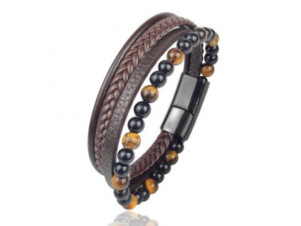 hnedy-kozeny-naramek-vicevrstvy-tiger eye-onyx