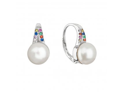 Stříbrné náušnice visací s bílou říční perlou a multi zirkony 21070.3 multi