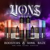 Lions Juice marketingový banner s boostery a bázemi na dramatickém fialovém pozadí s efekty