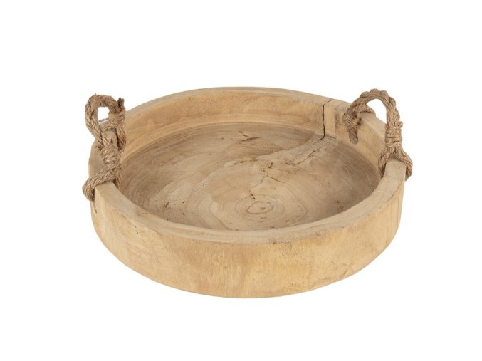Dřevěný kulatý tác/ podnos s jutovými uchy