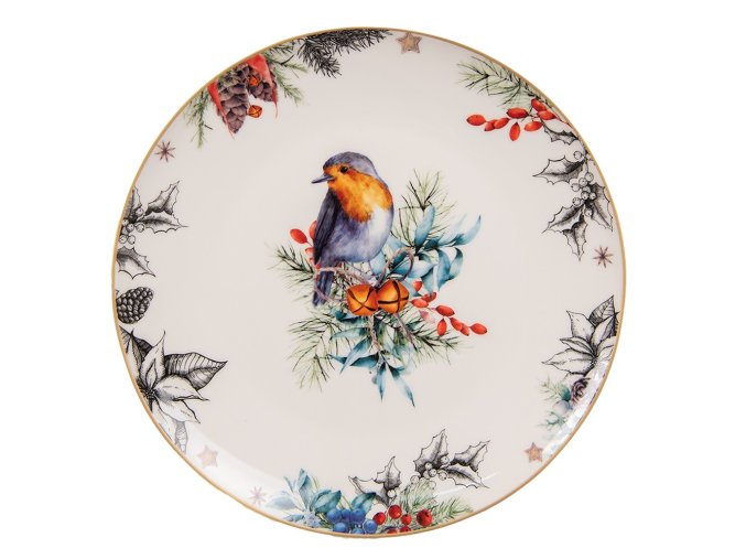 Porcelánový dezertní talíř s vánočním motivem ptáčka - Ø 21*2 cm