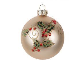 Růžově zlatá skleněná vánoční ozdoba koule s cesmínou - Ø 8*8 cm