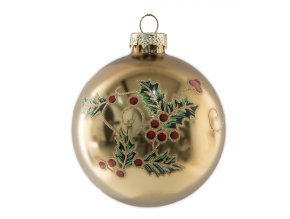 Zlatá skleněná vánoční ozdoba koule s cesmínou - Ø 8*8 cm