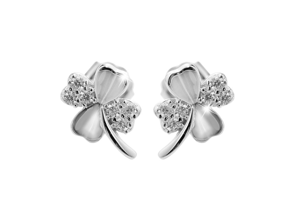 Stribrne nausnice puzety ctyrlistek s Kubickymi zirkony Crystal (Stribro 925/1000) - a