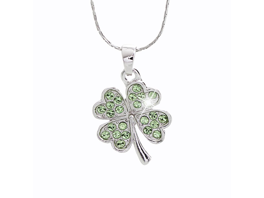 Nahrdelnik z bizuterni slitiny ctyrlistek osazeny drobnymi krystaly Swarovski Peridot