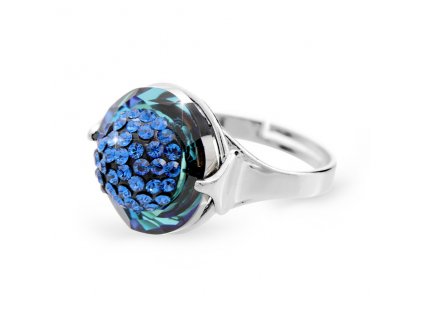 Stribrny prsten s kruhovym krystalem a zdobenym stredem krystaly Swarovski Bermuda Blue (Stribro 925/1000)