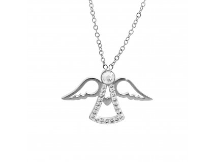 Ocelovy nahrdelnik andel v letu se srdickem a s krystaly Swarovski Crystal