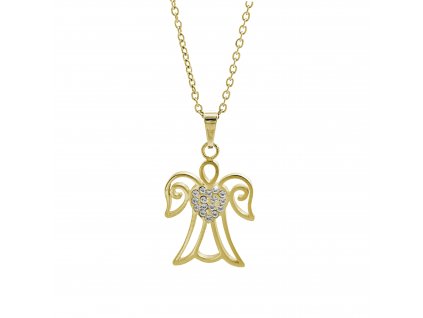 Zlaty ocelovy nahrdelnik andel se srdickem a s krystaly Swarovski Crystal