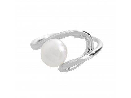 Stribrny prsten s ricni perlou vsazenou do vlnky z kovu White (Stribro 925/1000)