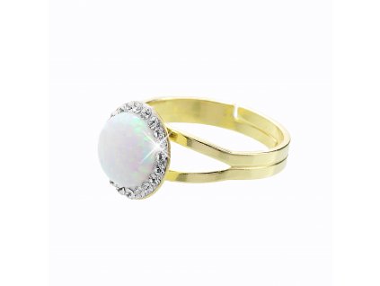 Pozlaceny stribrny prsten s kulatym opalem a krystaly Swarovski White velky (Stribro 925/1000)