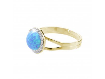 Pozlaceny stribrny prsten s kulatym opalem a krystaly Swarovski Blue velky (Stribro 925/1000)