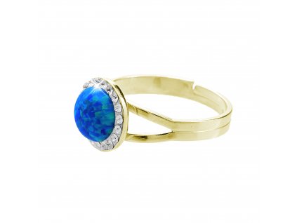 Pozlaceny stribrny prsten s kulatym opalem a krystaly Swarovski Dark Blue velky (Stribro 925/1000)