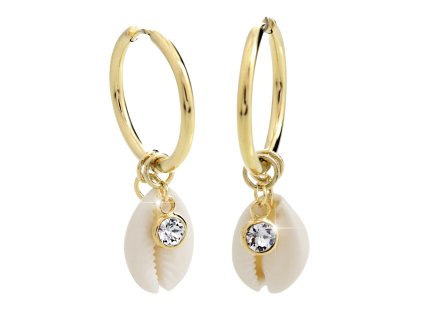 Zlaté ocelové náušnice kruhy s přírodní mušlí a s krystalem Swarovski Krystal