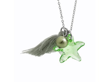 Ocelový náhrdelník střapec perla a krystal tvaru hvězdice Swarovski Peridot