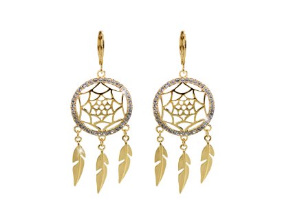 Zlaté ocelové náušnice klapky s prořezávaným lapačem snů a s krystaly Swarovski Crystal