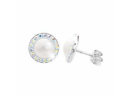 Stribrne nausnice puzety perlova mugle Swarovski s obtahem White AB (Stribro 925/1000)