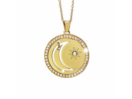 Zlaty ocelovy nahrdelnik slunce a pohyblivy mesic s krystaly Swarovski Golden Shadow - A