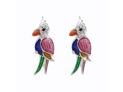 Nausnice puzety z bizuterni slitiny papousek s barevnym smaltem doplneny o krystaly Swarovski Multi