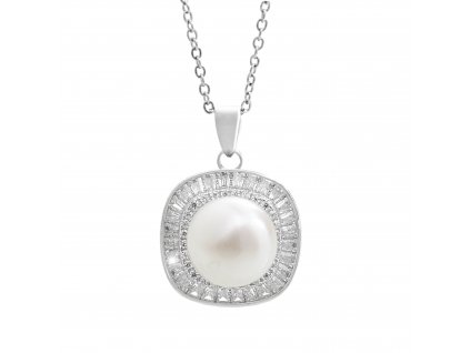 Stribrny nahrdelnik s ricni perlou kolem ktere jsou obdelnikove krystaly Swarovski Crystal - a (Stribro 925/1000)
