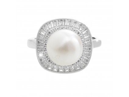 Stribrny prsten s ricni perlou kolem ktere jsou obdelnikove krystaly Swarovski Crystal - a (Stribro 925/1000)