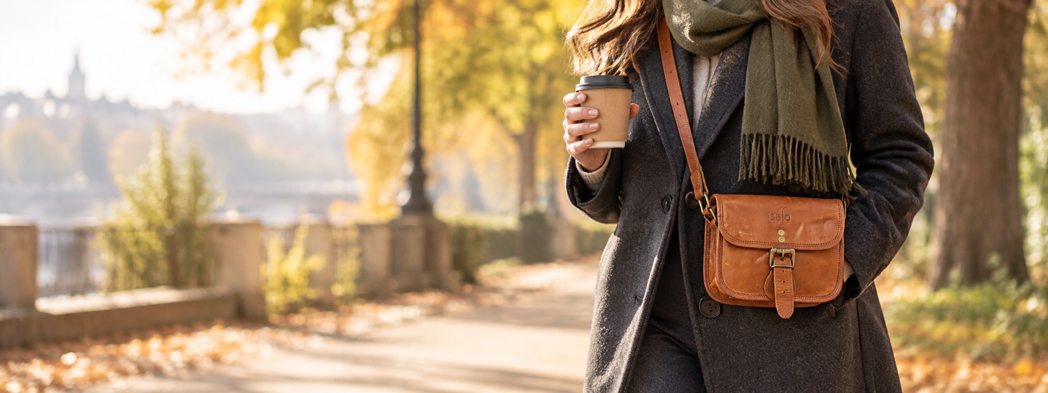 AIŠA – kožená crossbody kabelka na podzimní procházce