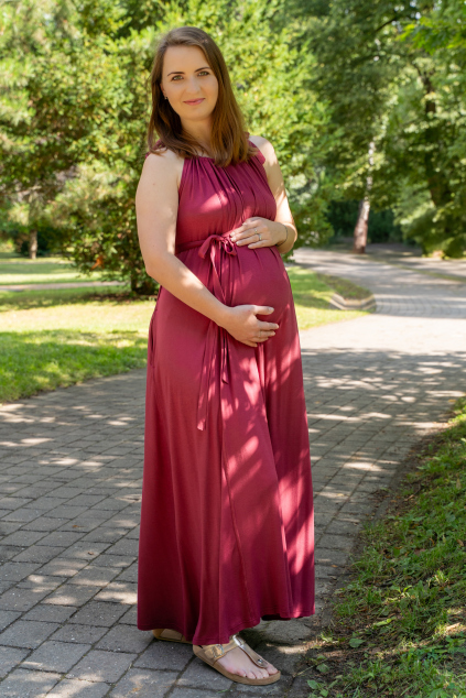 Letní kojící maxi šaty červené společenské těhotenské šaty na svatbu