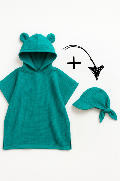 Výhodný set: Dětské BIO mušelínové pončo a šátek Tmavý tyrkys | Jsem máma