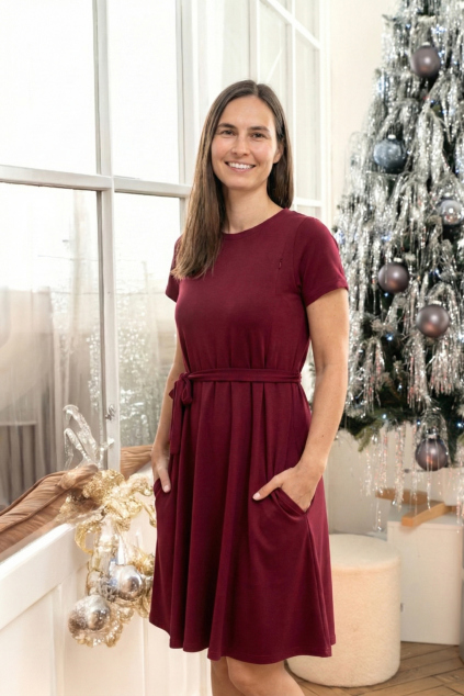 Bambusové kojící a těhotenské šaty se skrytými zipy bordó na vánoční focení