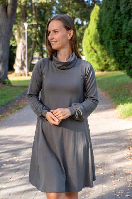 Teplé kojící a těhotenské šaty zimní šaty na kojení se skrytými zipy šedé