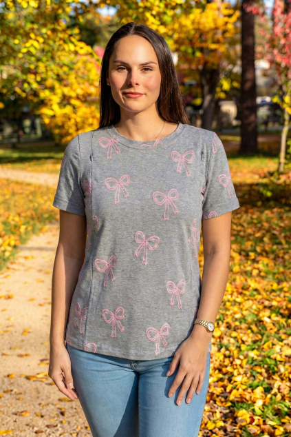 Bavlněné kojicí tričko se skrytými zipy šedé s mašličkami | Jsem máma