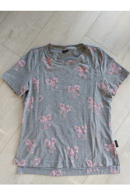 Bavlněné kojicí tričko se skrytými zipy – šedé s mašličkami