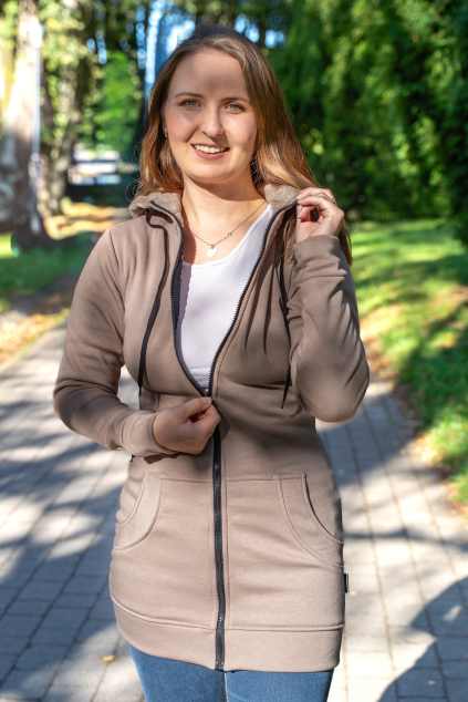 Dámská dlouhá mikina na zip s kapucí, béžová | Jsem máma