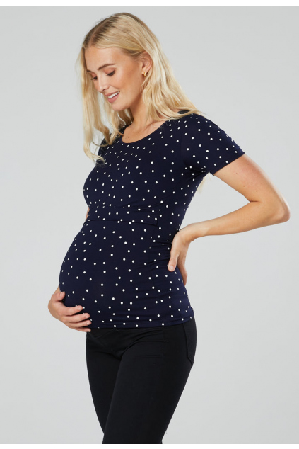 Kojicí a těhotenské tričko Happy Mama, granátové s puntík