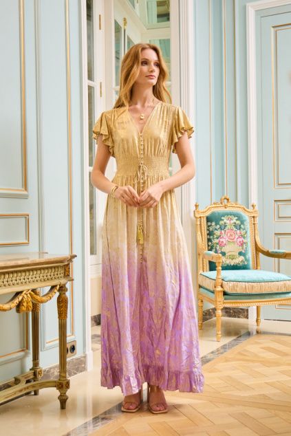 robe longue asymetrique mercerisee elastique a la taille et boutonnee devant or 66ee9704aa8ad