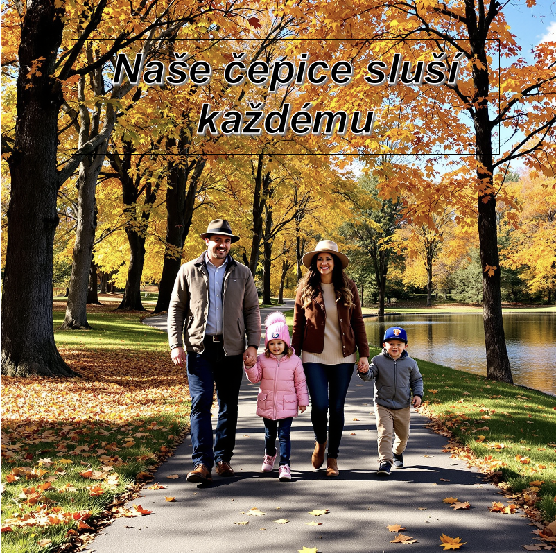 Rodina na procházce, táta máma holčička a chlapeček  všichni mají pokrývku hlavy každý jinou